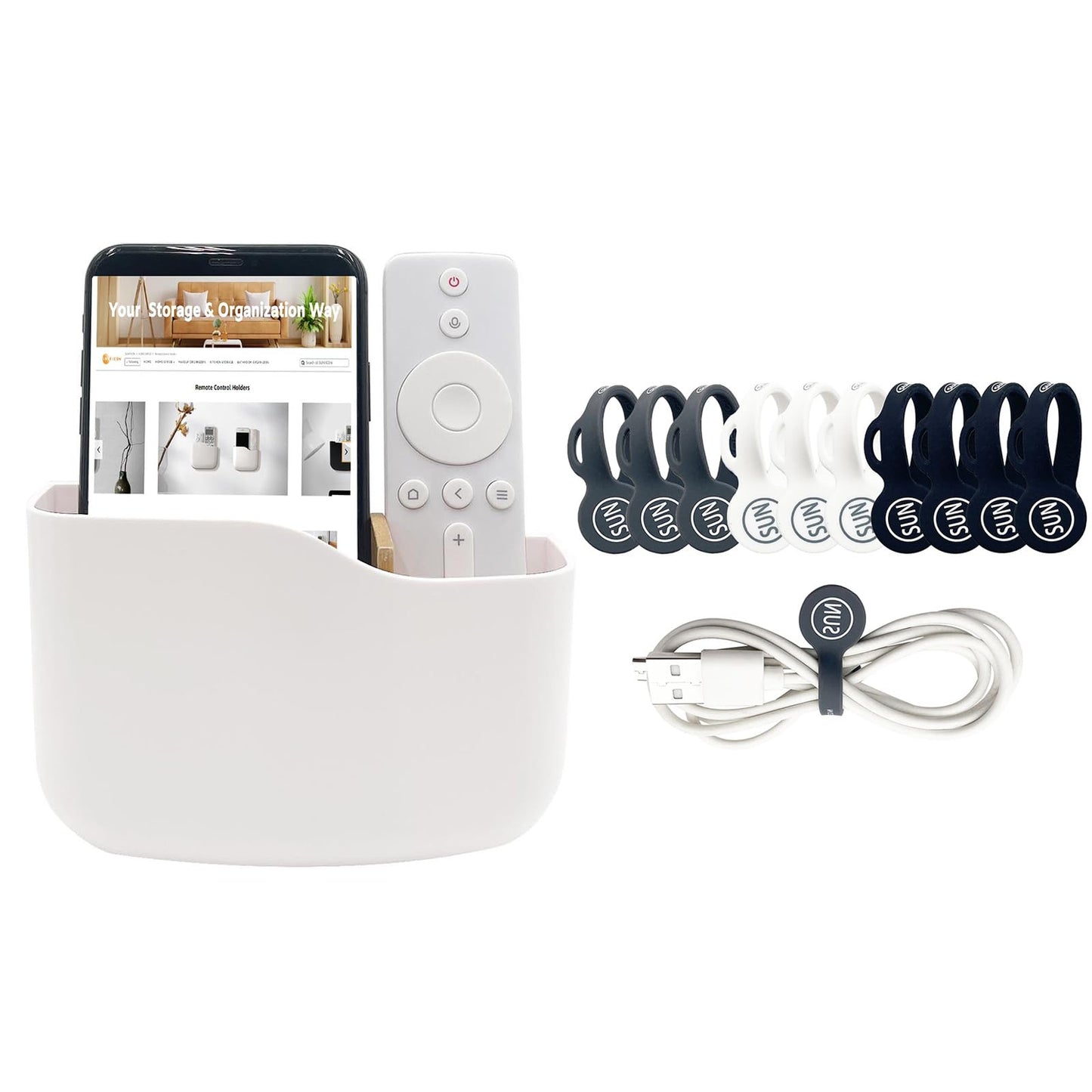 SUNFICON Adhesive Remote Control Holder and 10 PCS Magnetic Cable Straps Short