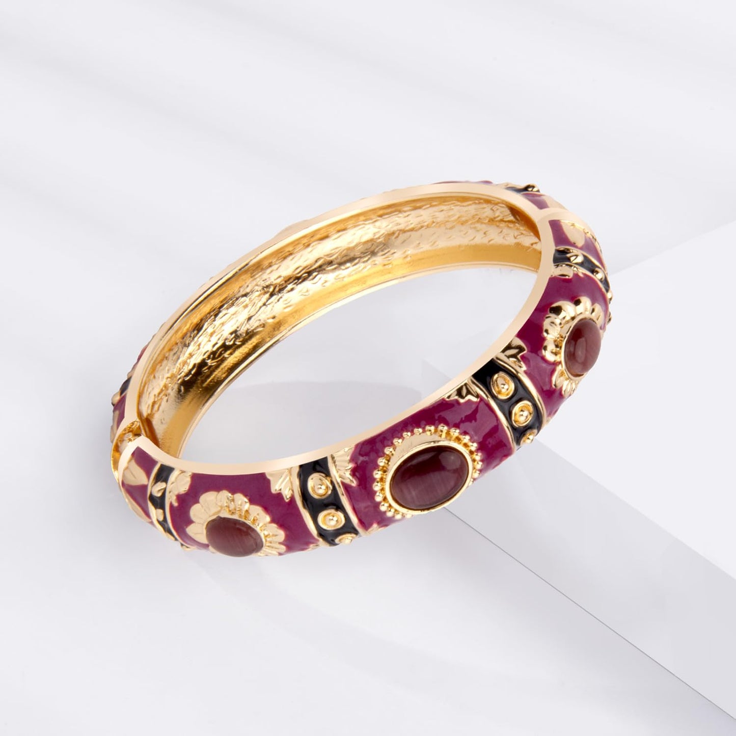 UJOY Vintage Cloisonne Jewelry Bracelet Plated Handmade Bead Rhinestones Enamel Spring Cuff Bangles 2 Pcs Set for Womens Gift 7735-55A128 Purple