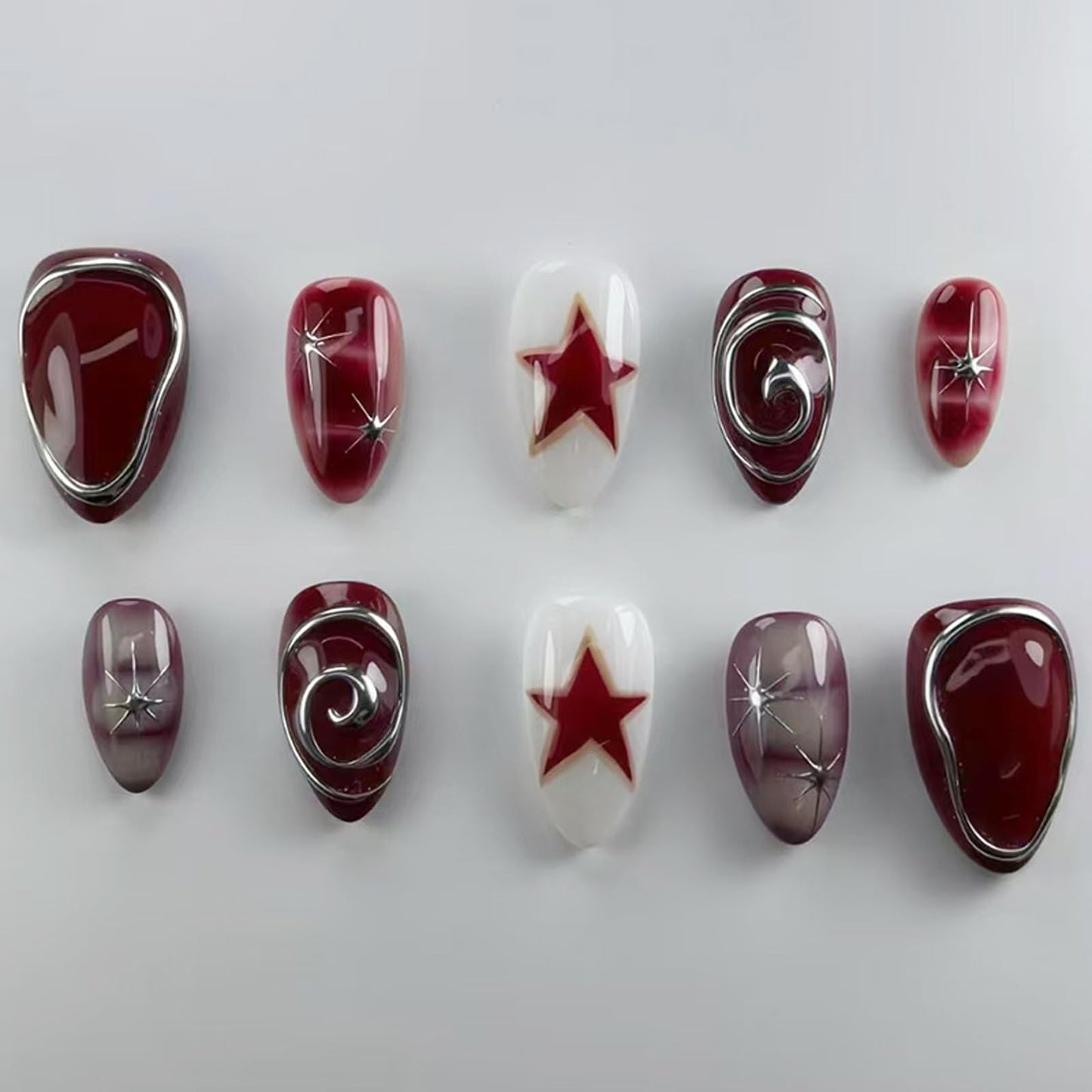IMRAIN Press on Nails Medium Length Almond Fake Nails Red Silver False Nails with Star Designs Full Cover Glossy Acrylic Gothic Nail Supplies Stick on Nails Art Decoration for Women