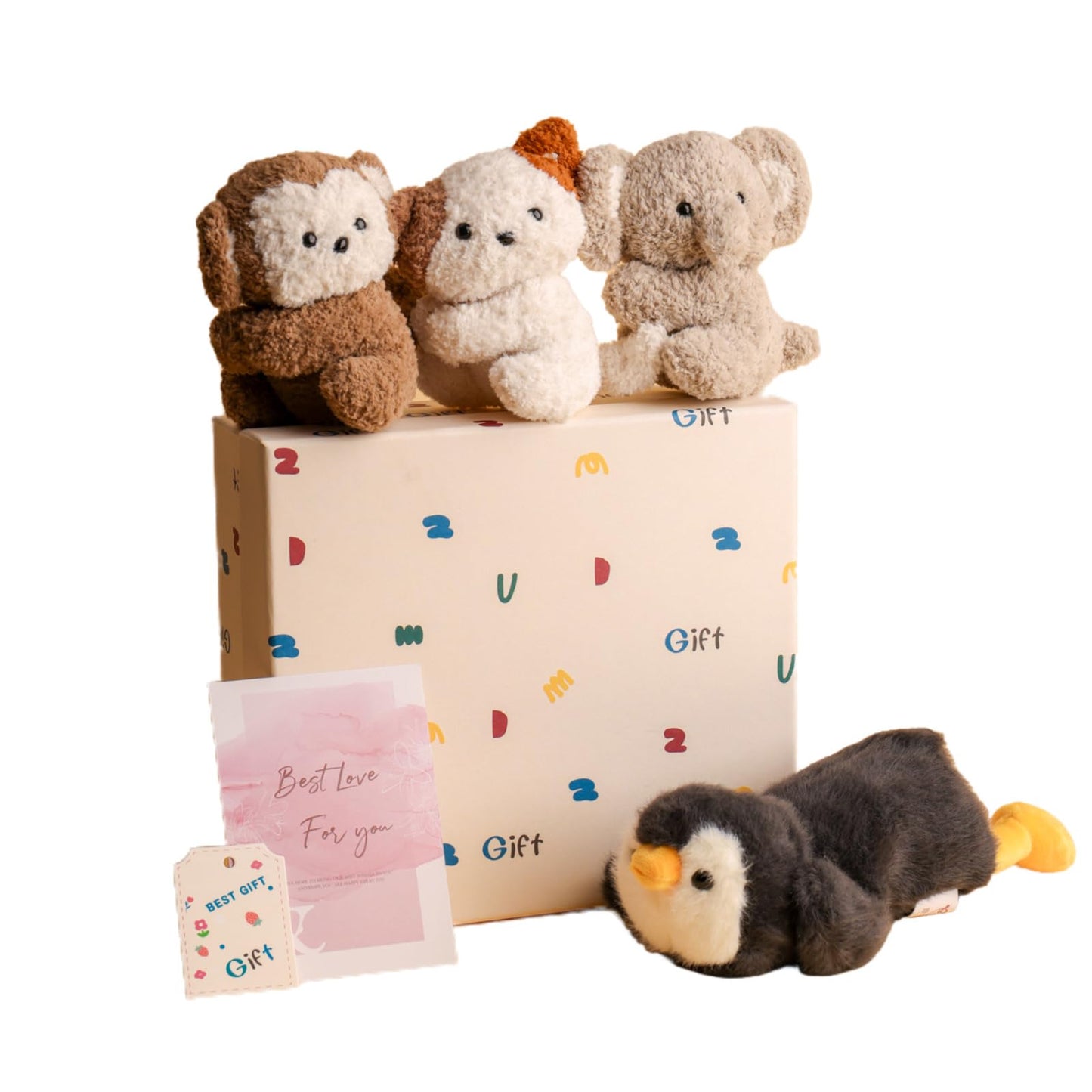 Cute Animal Plush Gift Set-Penguin Wrist Rest & 3 mini Plush Clips(Monkey,Dog,Elephant) Kawaii Cozy Desk Decor for Office, Study, Home,Gift Box Included