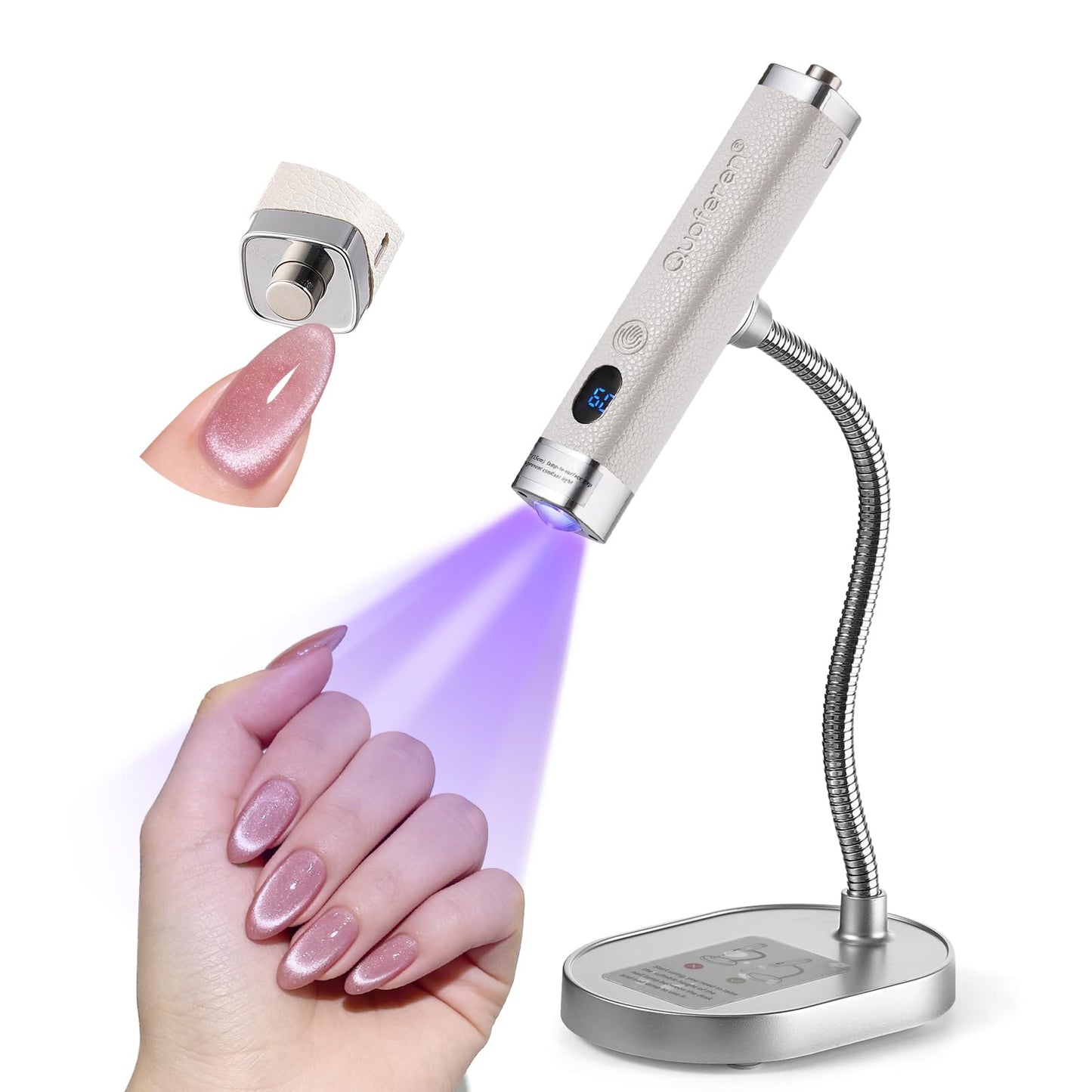 Quaferen Mini Handheld UV Light for Gel Nails with Stand, Rechargeable Flash Cure Nail Lamp with Auto Sensor, Cat Eye Magnet for Fast Drying at Home Salon (White)