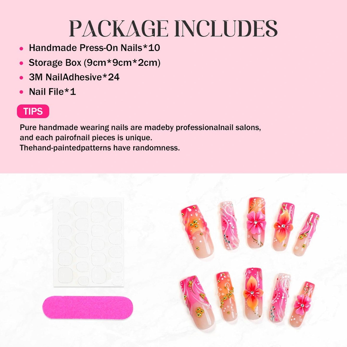 Handmade 3D Floral Square Press On Nails, Pink Gradient Luxury Artisan Nails Set, Reusable Glossy Press-ons with Tool Kit (S)