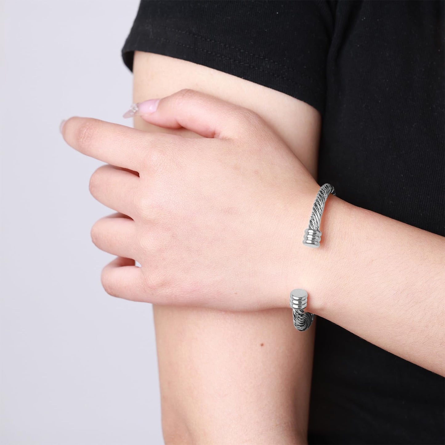 BOLAGTIER Stainless Steel Twisted Cable Wire Bracelets Adjustable Open Cuff Bangle Bracelet Vintage Jewelry Gift for Women (C-Silver 62)