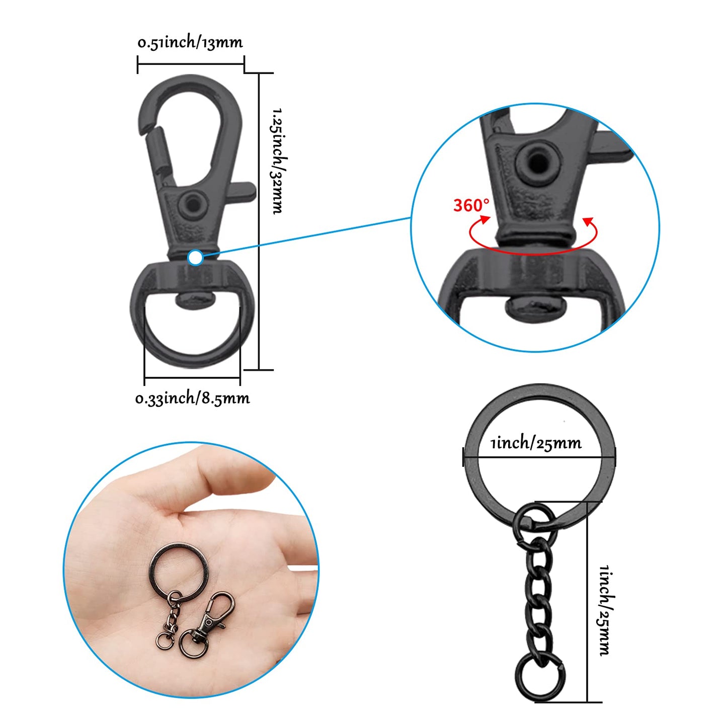150Pcs Swivel Snap Hook Set,Gun Black Swivel Clasps Lanyard Snap Keychain Hooks Lobster Clasp Split Key Rings with Chain and Jump Rings Bulk for Keychain Lanyard,Charm,Jewelry,DIY Crafts Supplies