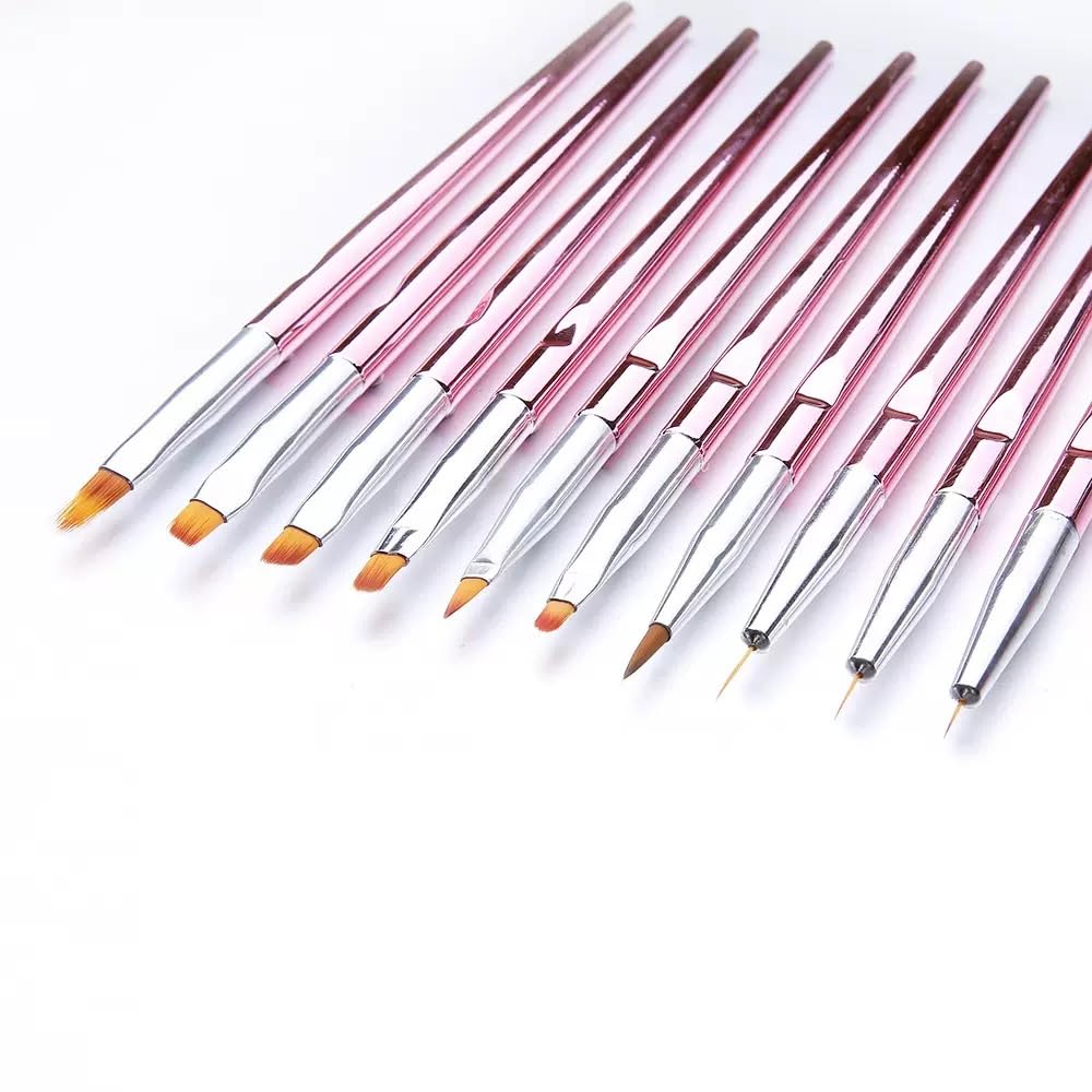 DAIXIANGER 10Pcs Pink Nail Art Brush Set, Professional Liner, Builder Gel & French Tip Brushes for Salon & DIY Manicure, UV Gel Application Tools for Precision Detail, Nail Extension & Ombre Designs