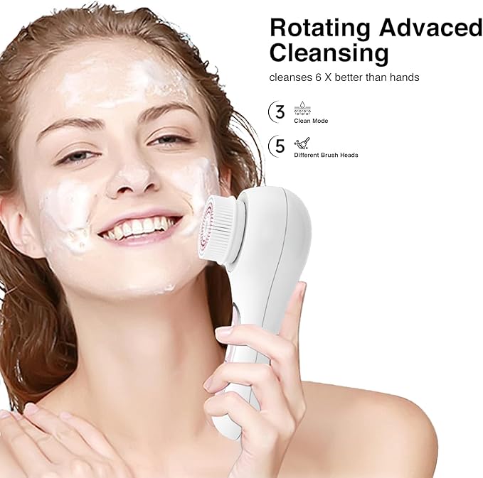 Face Scrubber Exfoliator,Facial Cleansing Brush Rechargeable IPX7 Waterproof with 5 Brush Heads,Electric Face Spin Brush for Exfoliating, Massaging and Deep Cleansing