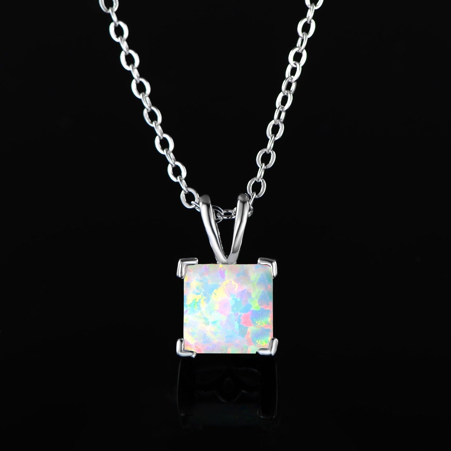 VOLUKA 18K White Gold Plated Pendant Necklace 8mm Princess Square White Fire Opal Necklace for Women