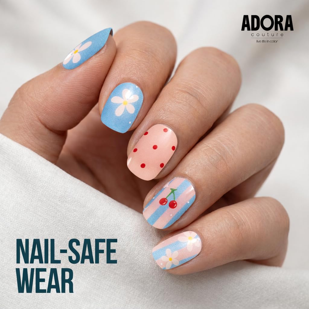 Adora Couture Semi Cured Gel Nail Strips with 20 Pieces - UV Gel Stickers, Manicure Kit, Easy Application Wraps Includes Prep Pads, Nail File, Wooden Stick - UV Light Required (Summer Joy)