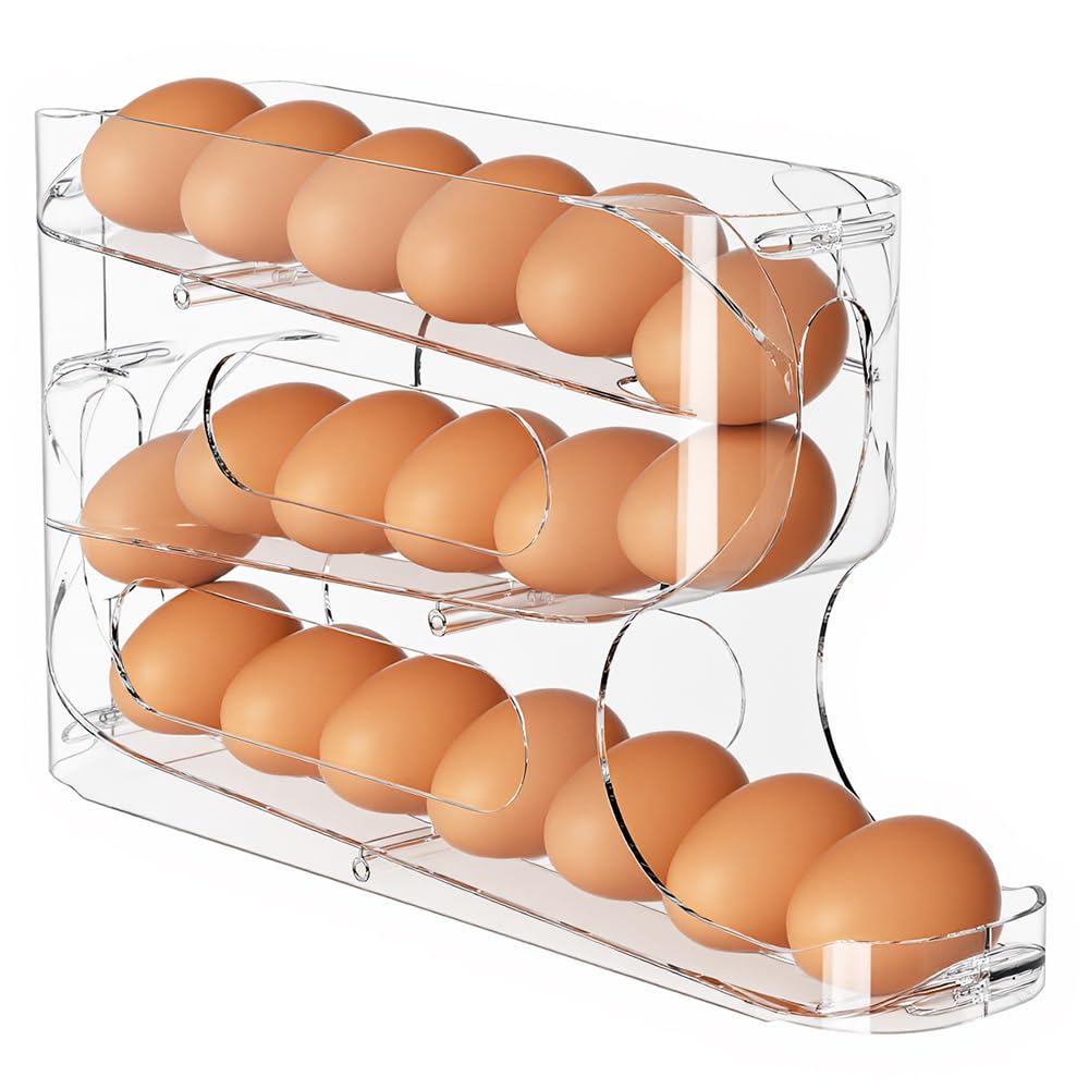 Sotfamily Clear Egg Holder for Fridge, Auto Rolling Egg Dispenser for Eggs 18 Count, FIFO Design, Space-Saving Egg Roller, Organizer, Container, Storage for Refrigerator & Kitchen Countertop(1 Pack)