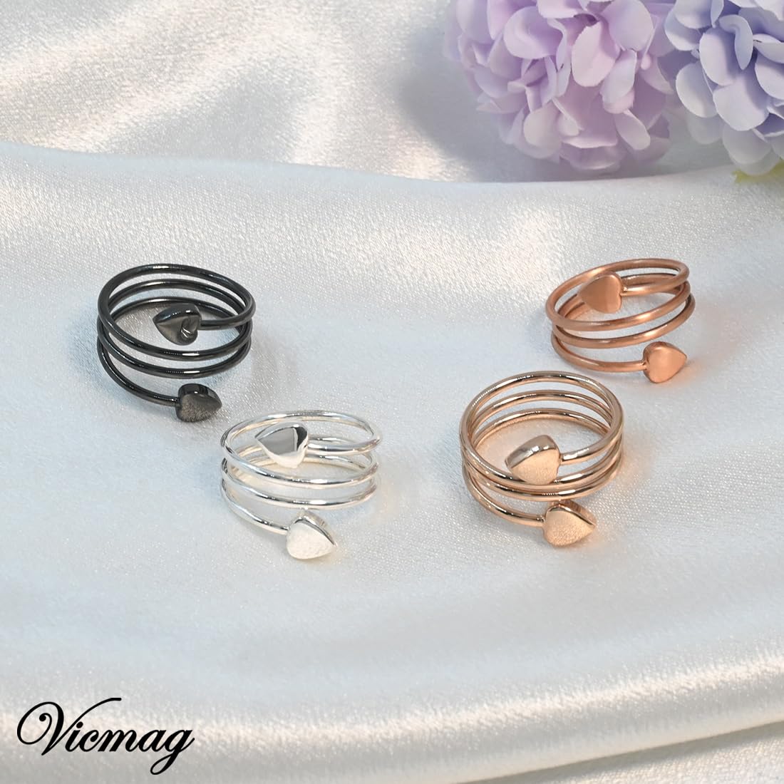 Vicmag Copper Magnetic Ring for Women, Magnetic Rings Ladies Fingers Thumb 100% Solid Pure Copper Jewelry Gift Adjustable(4PCS Rose Gold+Silver+Black)