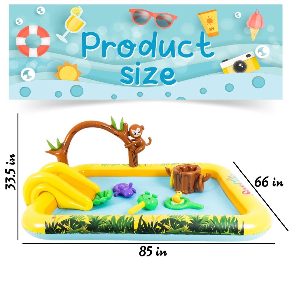 Inflatable Play Center, Inflatable Swimming Pool with Slide, Cartoon Animals Sprinkler Toy with Base Pool, Monkey, Tree Stump for Garden Backyard