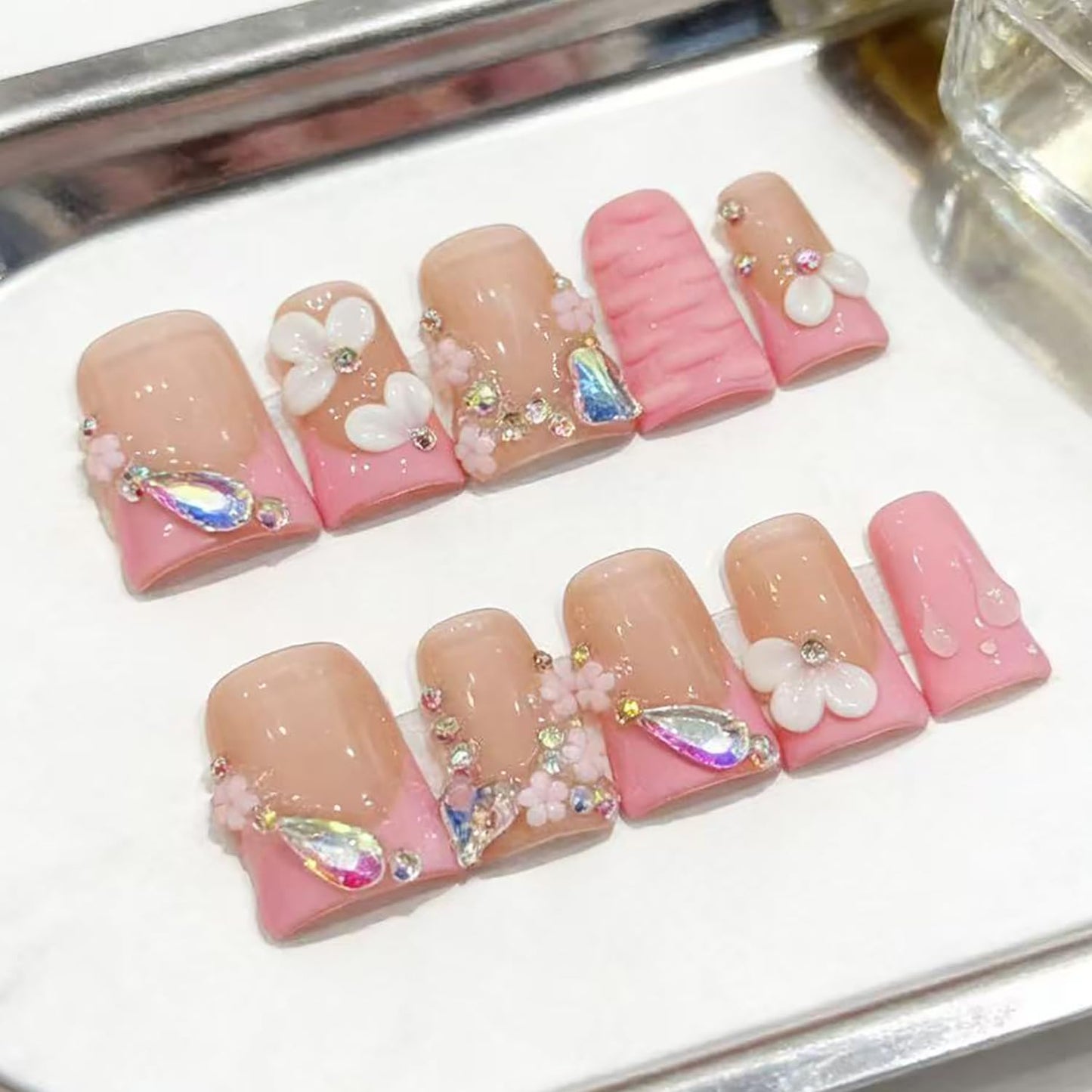10 Pcs Press on Nails Handmade Duck Glue on Nails Pink French Tip with 3d Sparkling Diamond Design Handmade Acrylic Nails Elegant for Women for Spring Summer (S)