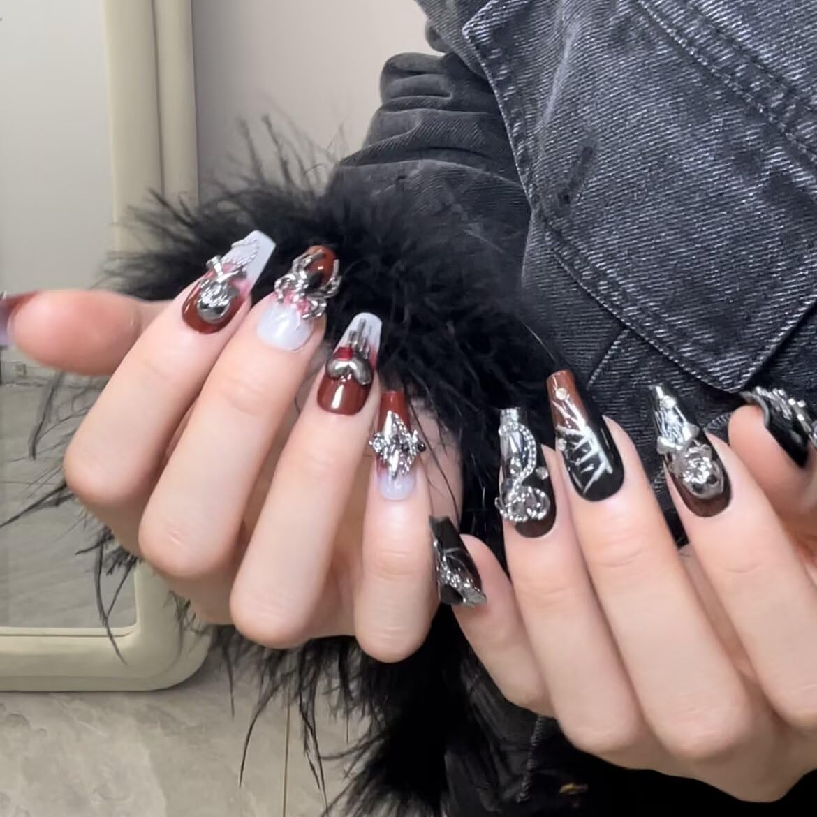 Handmade Skeleton Press On Nails long Coffin Reusable Stick On Fake Nails Luxury Elegant Sexy Style For Women Gift With Nail Glue Red Black S