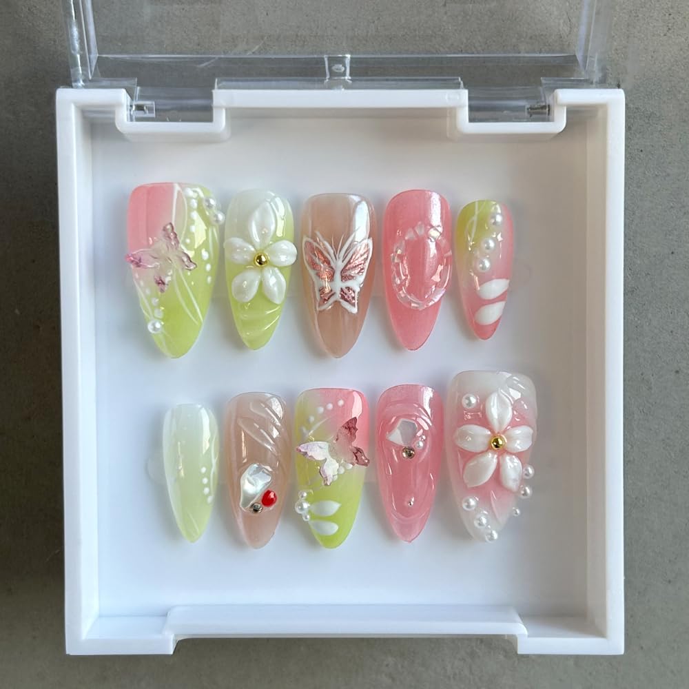 Press On Nails Medium Almond Shape - 3D Handmade Acrylic Gel Fake Nails with Glitter Designs, Reusable Thick Almond Nails for Women DIY Manicure Kit (10PCS, L Size, Easy Application)