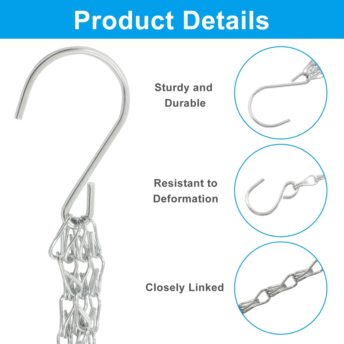 Zorfeter 3 Pack Silver Hanging Chains, Replacement Hooks Flower Pot Chains Plant Hangers, 23 Inch Hangers for Planters/Bird Feeders and Lanterns
