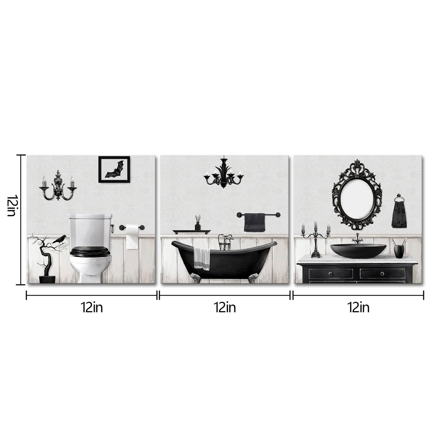 Visual Art Decor Gothic Bathroom Decor Goth Bathroom Wall Art Framed Ready to Hang 12x12inchx3Pieces (Grey)