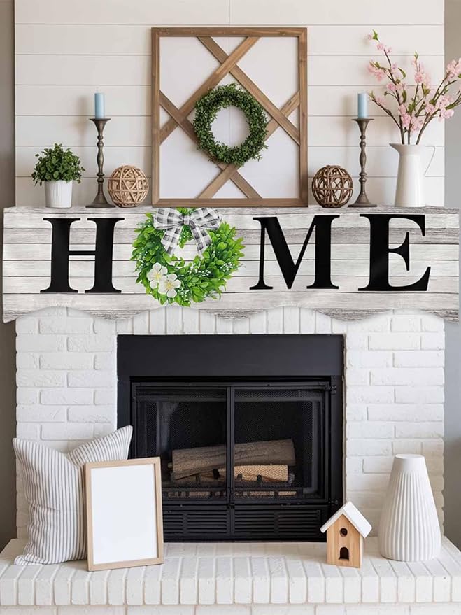 Rustic Fireplace Mantel Scarf Table Runner,Eucalyptus Leaves Green Wreath Wooden Plaid Home Winter Garland Mantel Top Tablerunners Dresser Scarves Cover for Windows Party Living Room 60"x17"
