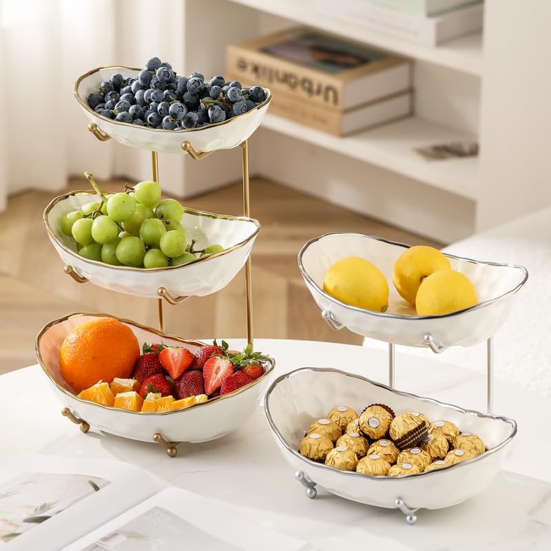 jessie 2 Tier Ceramic Fruit Bowl for Kitchen Counter with Metal Rack, Fruit Basket with Stand, Porcelain Bowls for Vegetable Bread Candy Snack Nuts Dessert Cake Tray (Gold 2 layer)