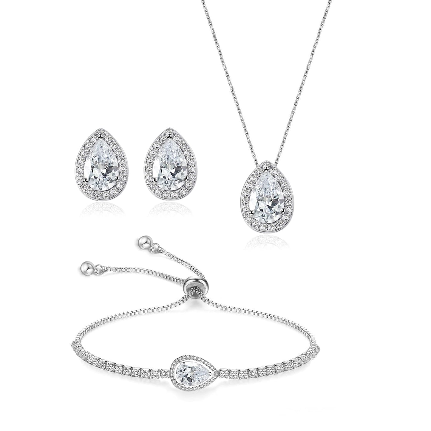 UDYLGOON Teardrop CZ Bridal Jewelry Set Imitation Diamond Earrings Necklace Bracelet for Bride Bridesmaids Wedding Prom Party (Drop-Clear)