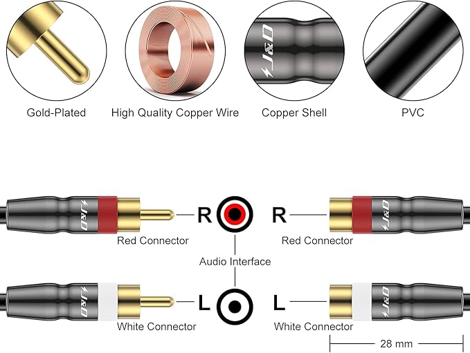 J&D 2 RCA Extension Cable Male to Female, Copper Shell Gold-Plated 2RCA Male to 2RCA Female Cable Stereo Audio Extender Cord Adapter, 3 Feet