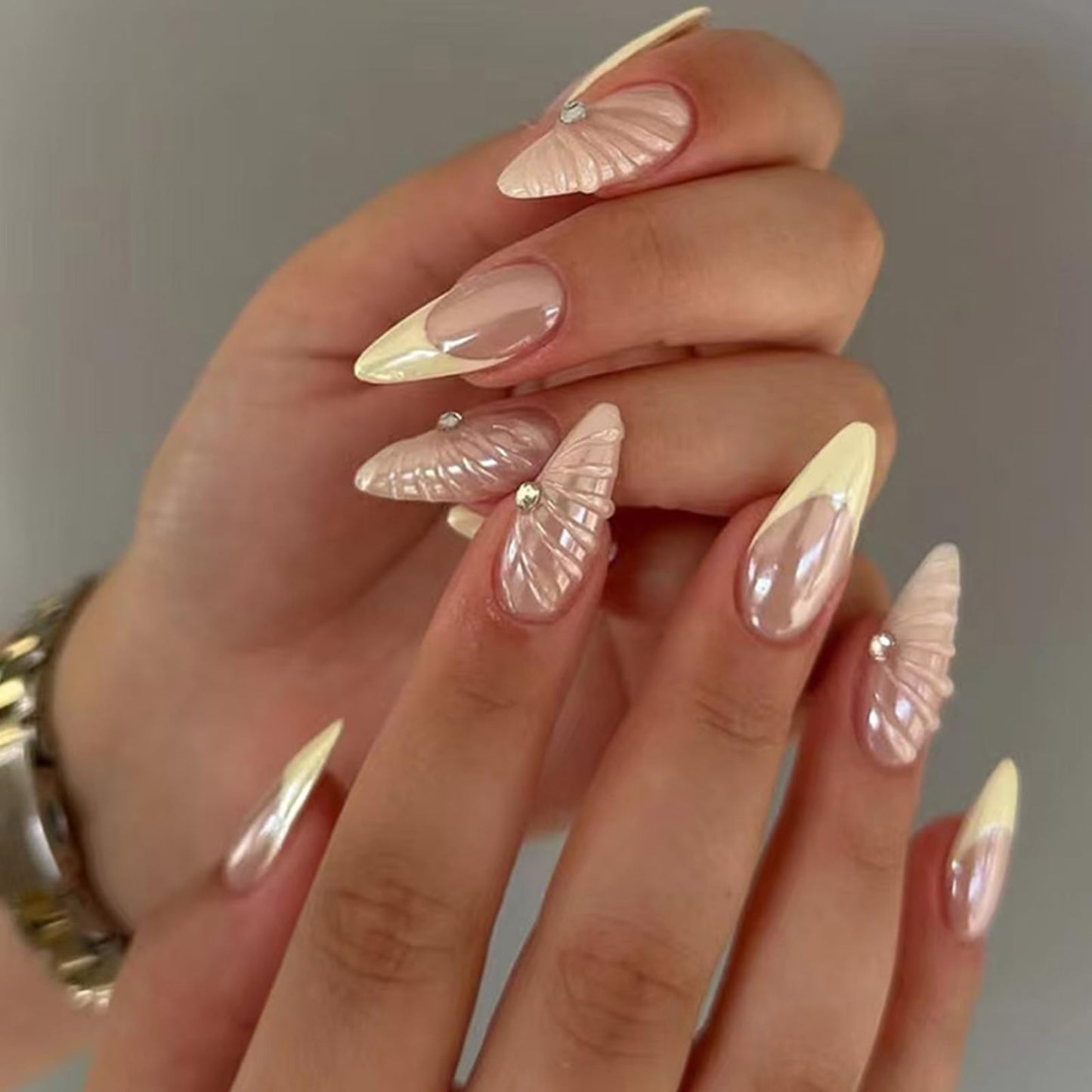 IMRAIN Chrome Press on Nails Medium Almond Fake Nails Yellow French Tips Glue on Full Cover 3D Shell & Rhinestone False Nails Cute Nude Artificial Nails - 24Pcs