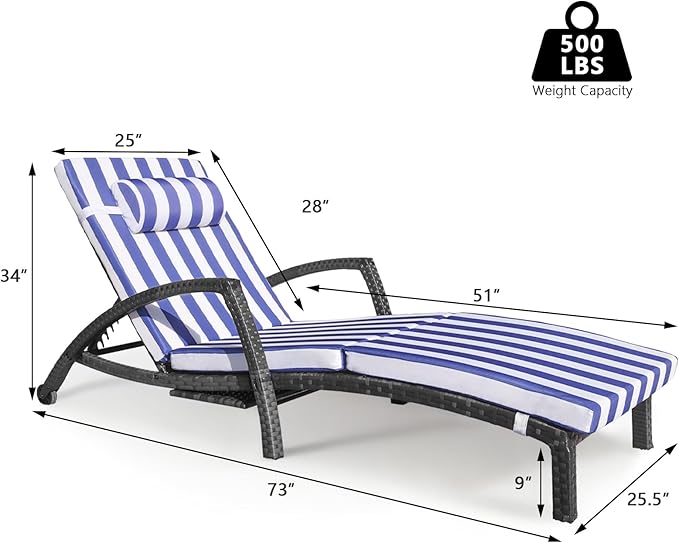 Chaise Lounge Chairs Outdoor Set of 2, Comfy Outside Wicker Patio Pool Lounge Chair w/ 5 Adjustable Back Angle, Cup Holder, Thicken Cushion
