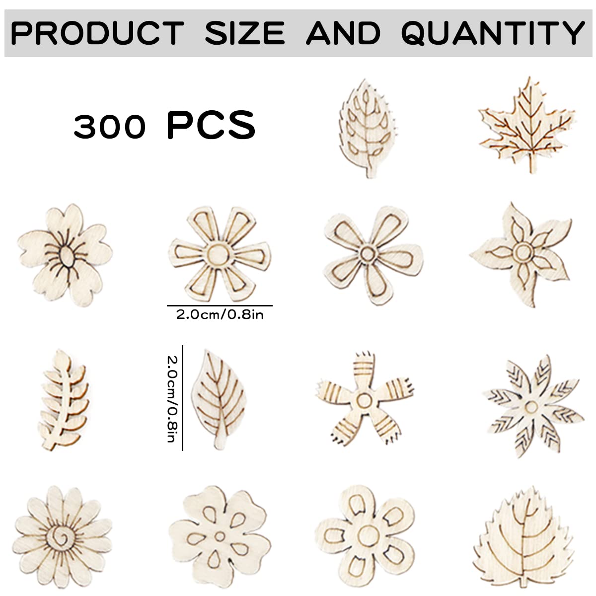 300 Pcs Wooden Embellishments Mixed Flower Leaf Pattern Wooden Scrapbooking DIY Handmade Crafts Children DIY Graffiti Home Decor