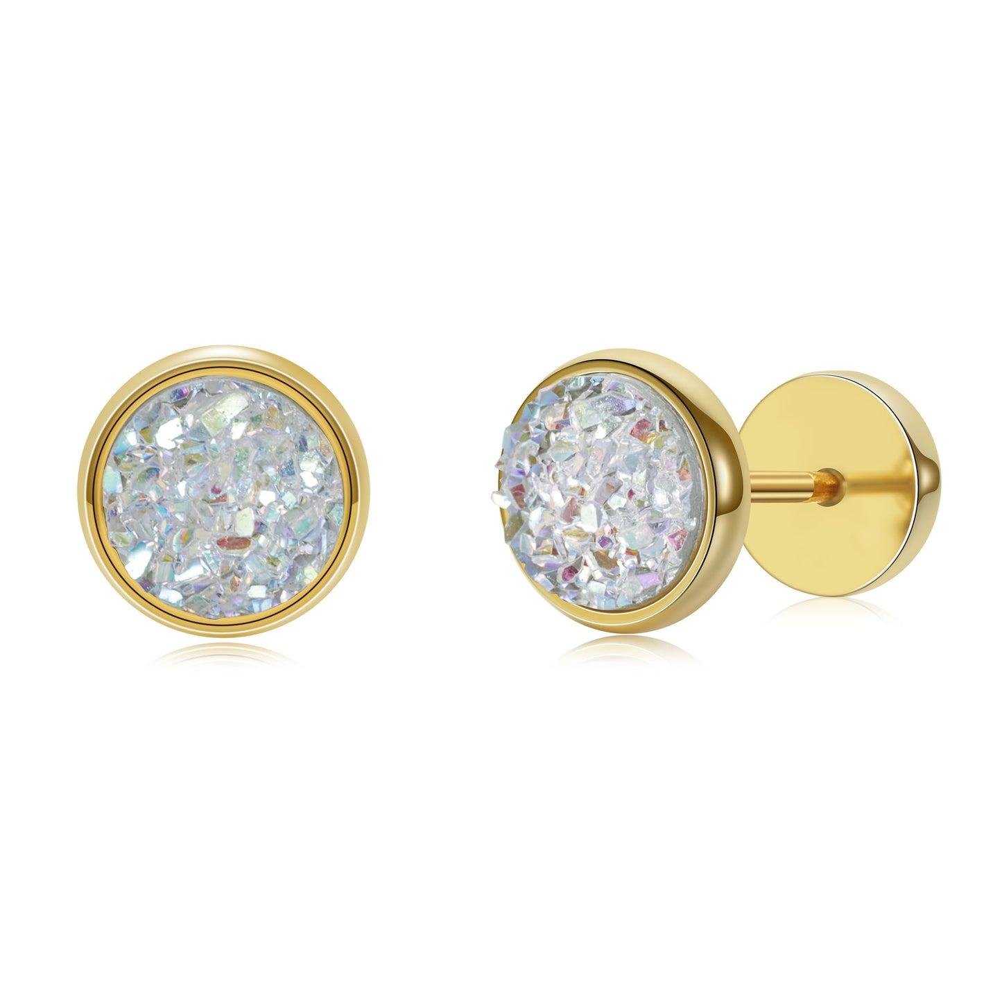 Women Men Flat Back Stud Earrings Non-Nickel Crystal Stone Earrings Titanium Stainless Steel Hypoallergenic Cartilage Earrings Stud for Sensitive Ears(White-gold)