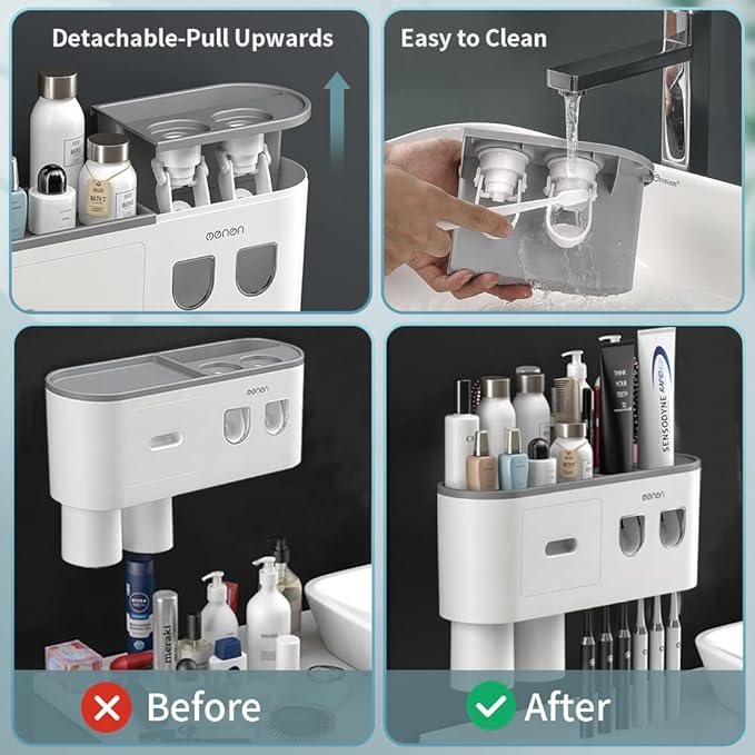 Toothbrush Holders Wall Mounted, Toothbrush Holder with Automatic Toothpaste Dispensers, 6 Brush Slots, 2 Magnetic Cups,1 Cosmetic Drawer Organizer and 1 Large Storage Tray