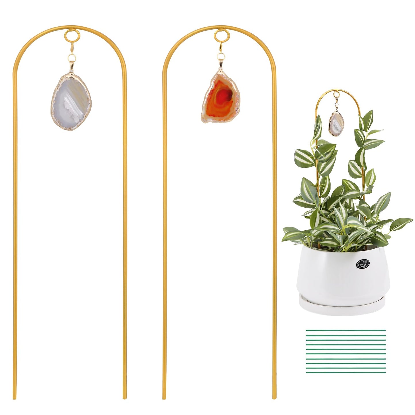 Ceiner 2PCS Small Plant Gold Trellis Indoor, Mini Metal Houseplant Decor Support for Potted Ivy Vine, Boho Garden Decorative Pot Climber with Agate for Climbing Hoya Pothos Philodendron Gift