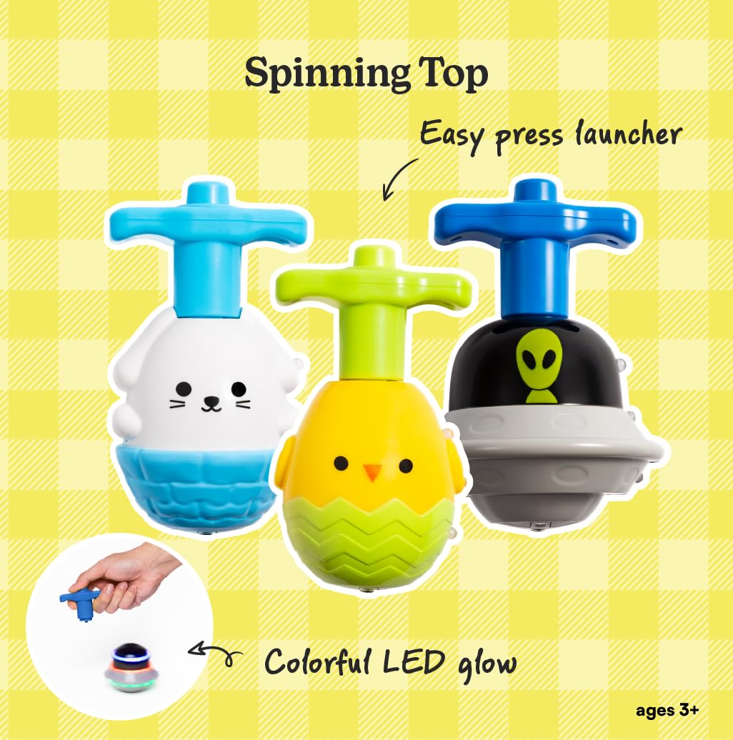 Light Up Spinning Top Toys for Kids – LED Flashing Spinner Tops with Colorful Glow, Handheld Spin Toy Party Favors & Classroom Prizes – Fun Designs 3-Pack (Chick, Bunny & Alien)