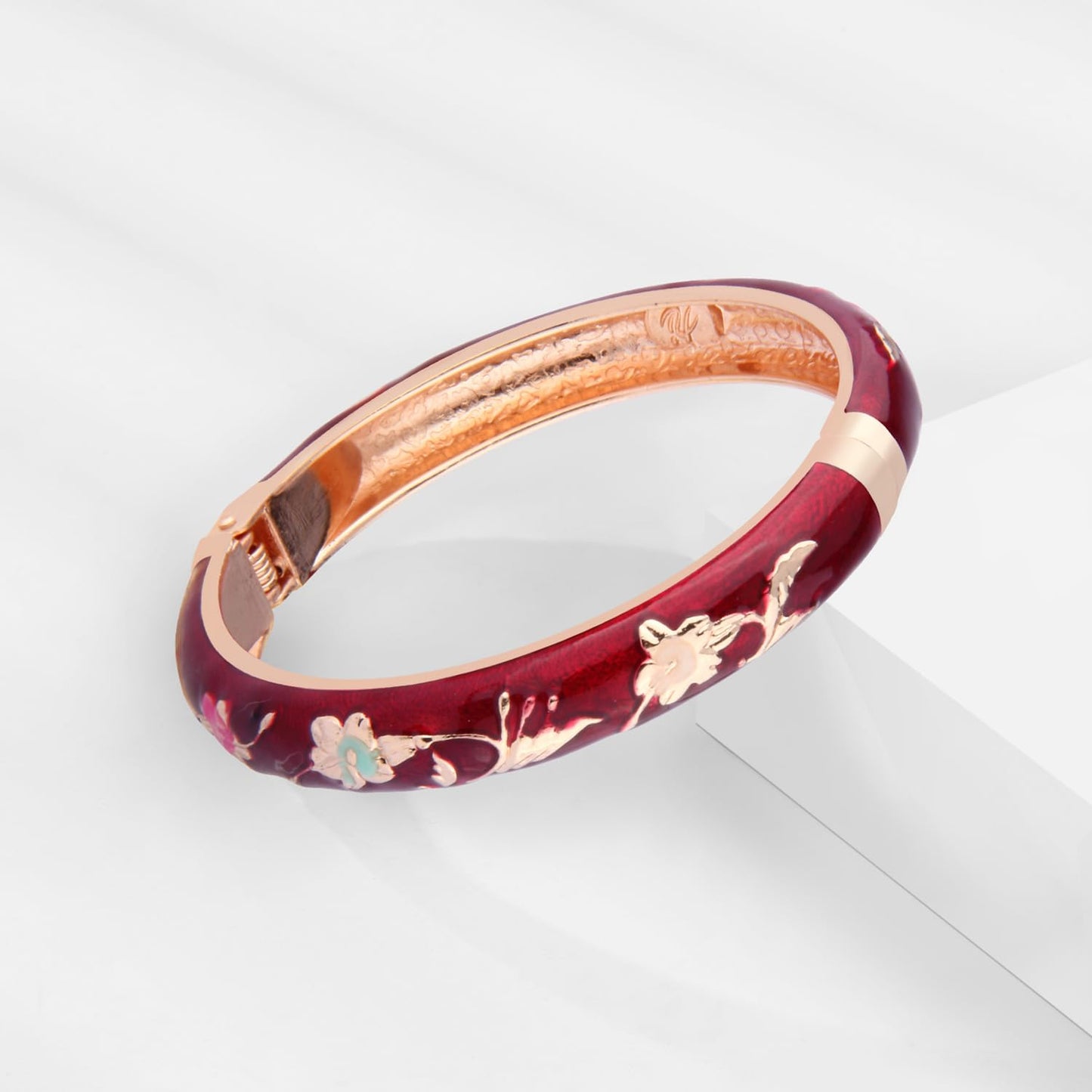 UJOY Vintage Bracelet Plated Enameled Jewelry Spring Hinge Metal Cuff Cloisonne Bangles Set Gift Box Packed 55A81-55A108 red White