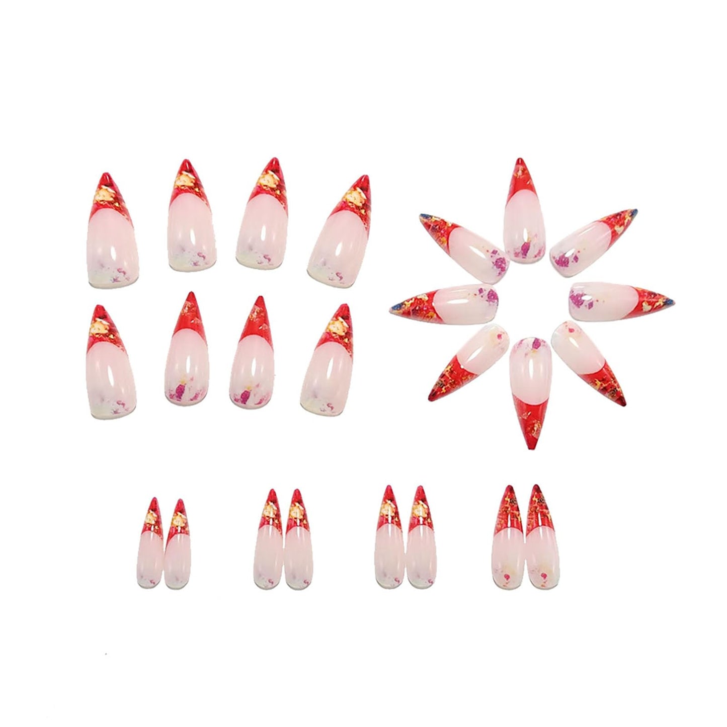 RUOKEXIN Long Stiletto Press on Nails French Tip Fake Nails Gold Glitter False Nails with Designs Almond Nail Press ons Sparkly Artificial Nails for Women 24Pcs