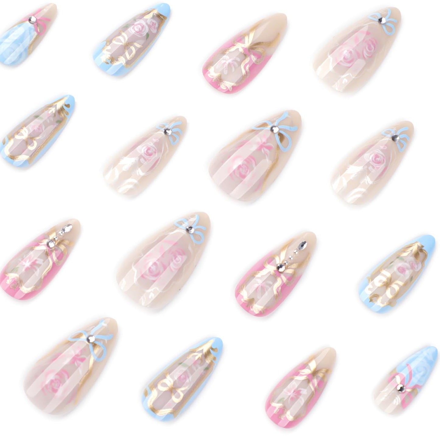 24Pcs Flower Press on Nails Medium Almond Fake Nails Pink Rose Bow Rhinestones with Heart Love Floral Designs Full Cover Reusable Artificial Cute Stick on Nails Handmade False Nails for Women