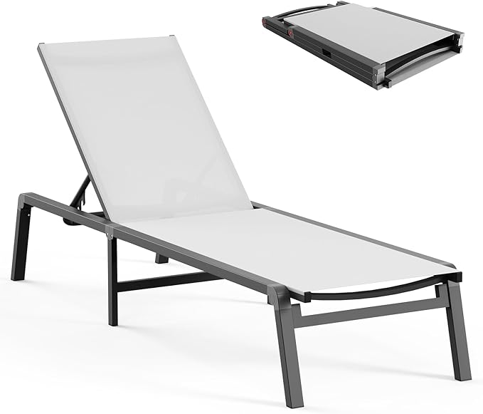 Aluminum Chaise Lounge Ourdoor - Foldable & Assemble Free Outdoor Lounge Chair with 5 Adjustable Backrest, Patio Lounge Chair for Outside Poolside Beach Pool, White