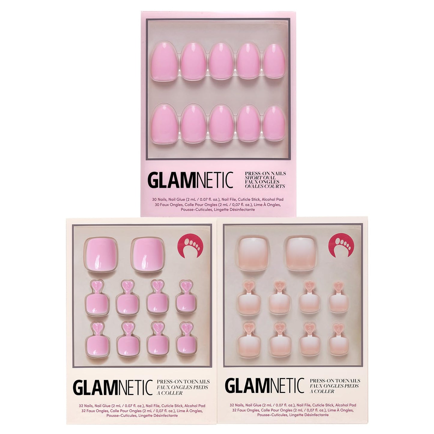 Glamnetic Press-On Nails Bundle - Azure Blue, Hailey & Fairy Dust | Bright Blue Round Fake Nails | Glazed Almond False Nails | Short Oval Beige-Pink Nails with a Metallic Finish