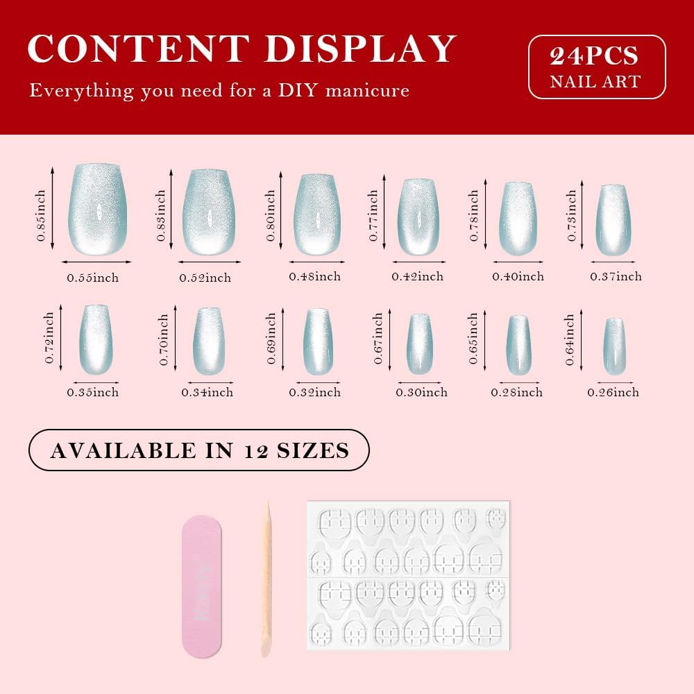 evpct Cat Eye Coffin Press on Nails Medium Square No Glue, Stick on Nails Medium Square for Women, Teal Light Blue Green Metallic Glitter Glossy Reusable Stick Acrylic Fake Press on Nail with Designs