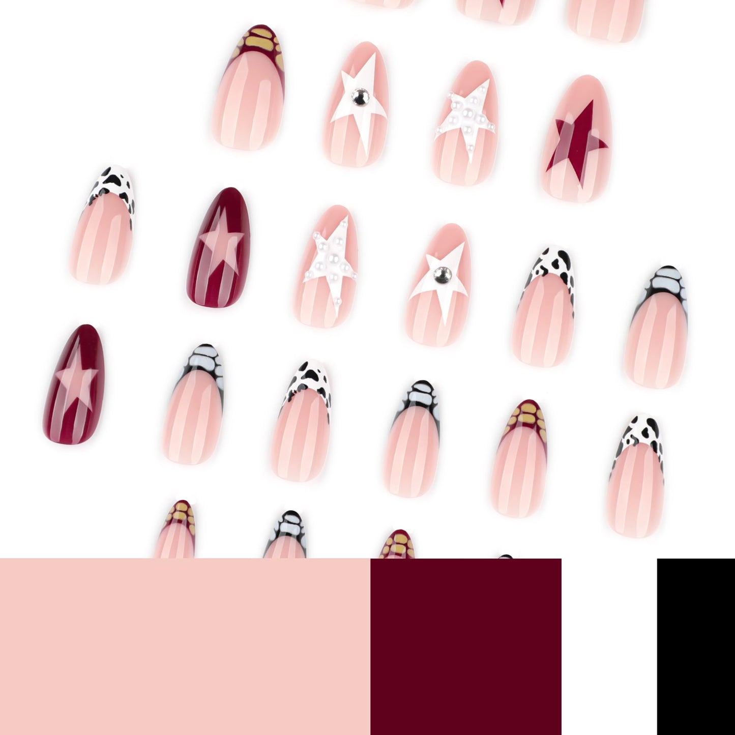24pcs Star Press on Nails Medium Almond Fake Nails with Crocodile French Tip Designs False Nails Rhinestones Pearl Glue on Nail Full Cover Reusable Acrylic Stick on Nail for Women Manicure