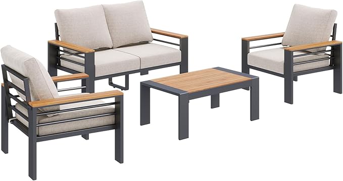 Aoxun Aluminum Outdoor Patio Furniture Set, 4 Seats Outdoor Sectional with Coffee Table, Patio Conversation Sets with Upgraded Armrests and Cushions for Backyard, Garden and Poolside