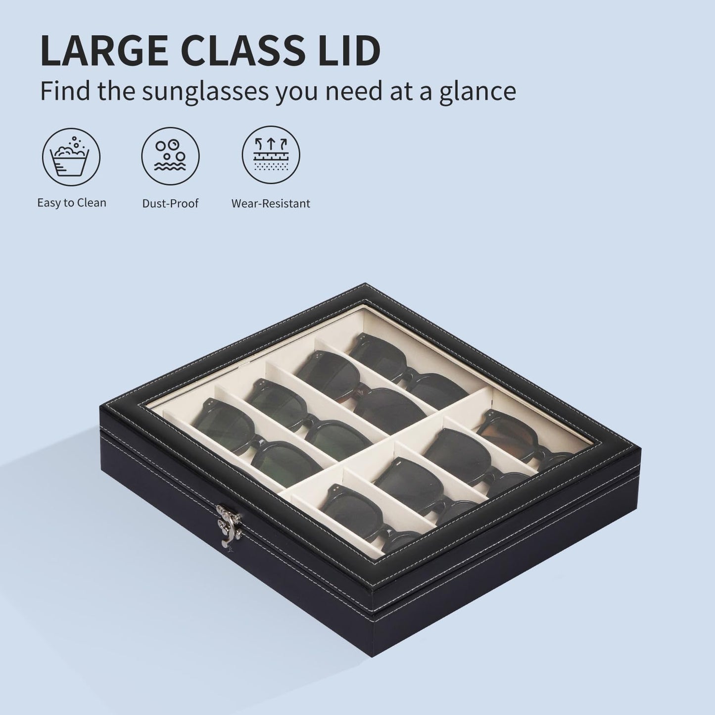AUTOARK Large Top Glass Lid Sunglasses Organizer Case,10-Slot PU Leather Lockable Storage Box for Eyeglasses,Watch,Jewelry,Gift for Home,Black,MKAW-111