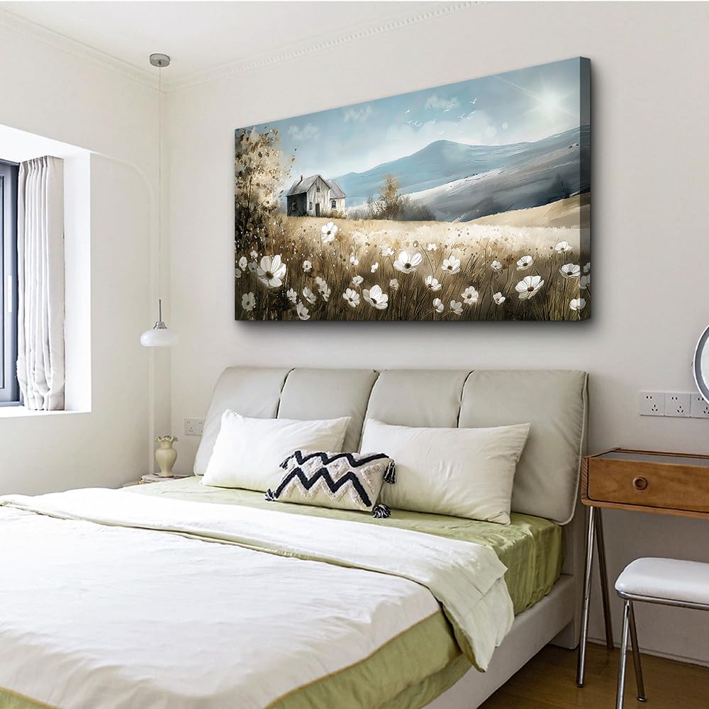 Wapluam Canvas Wall Art For Living Room Large Wall Decor For Bedroom Field Scenery Watercolour Flowers Wall Paintings Office Decorations Old House Pictures Artwork Home Decor Ready To Hang 48L x 24W