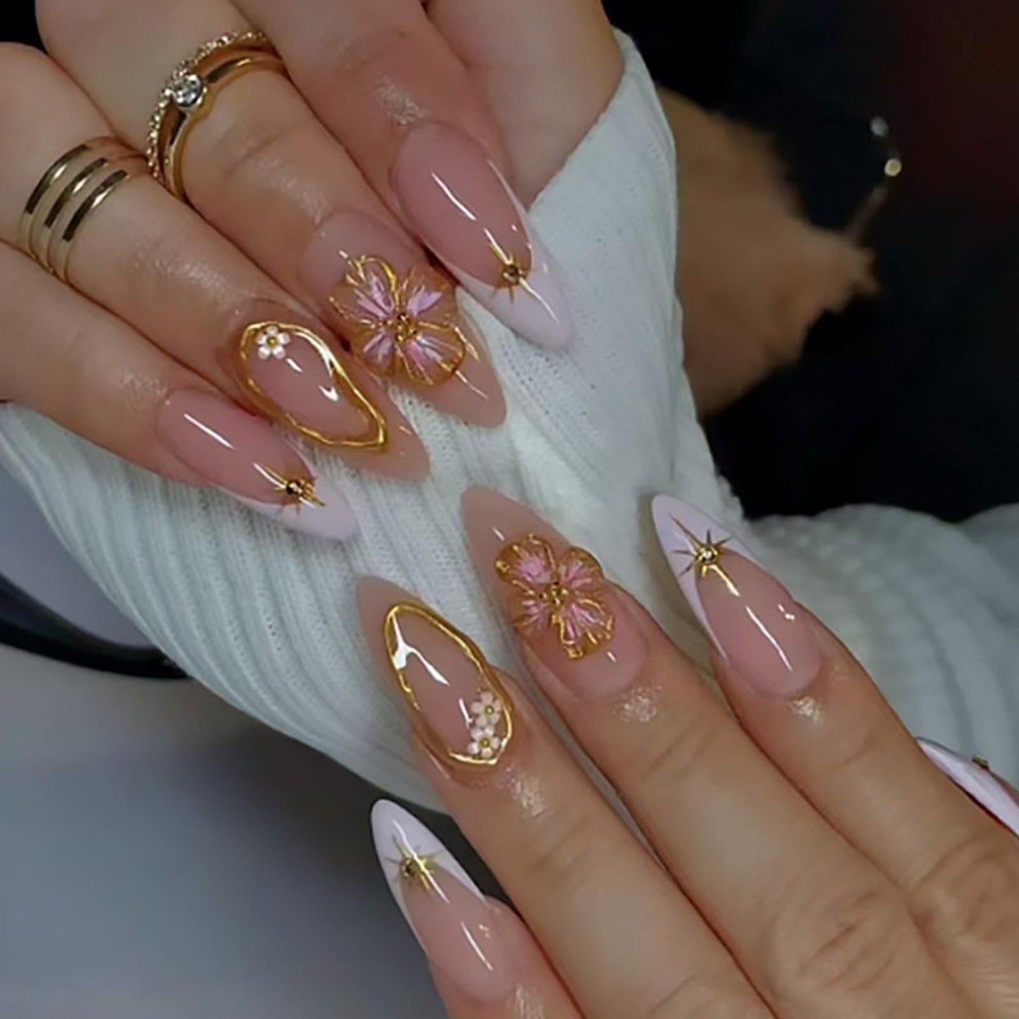 Hkanlre Almond Fake Nude Nails Tips Full Cover False Medium Nails Summer Flower Press on Nails for Women 24PCS