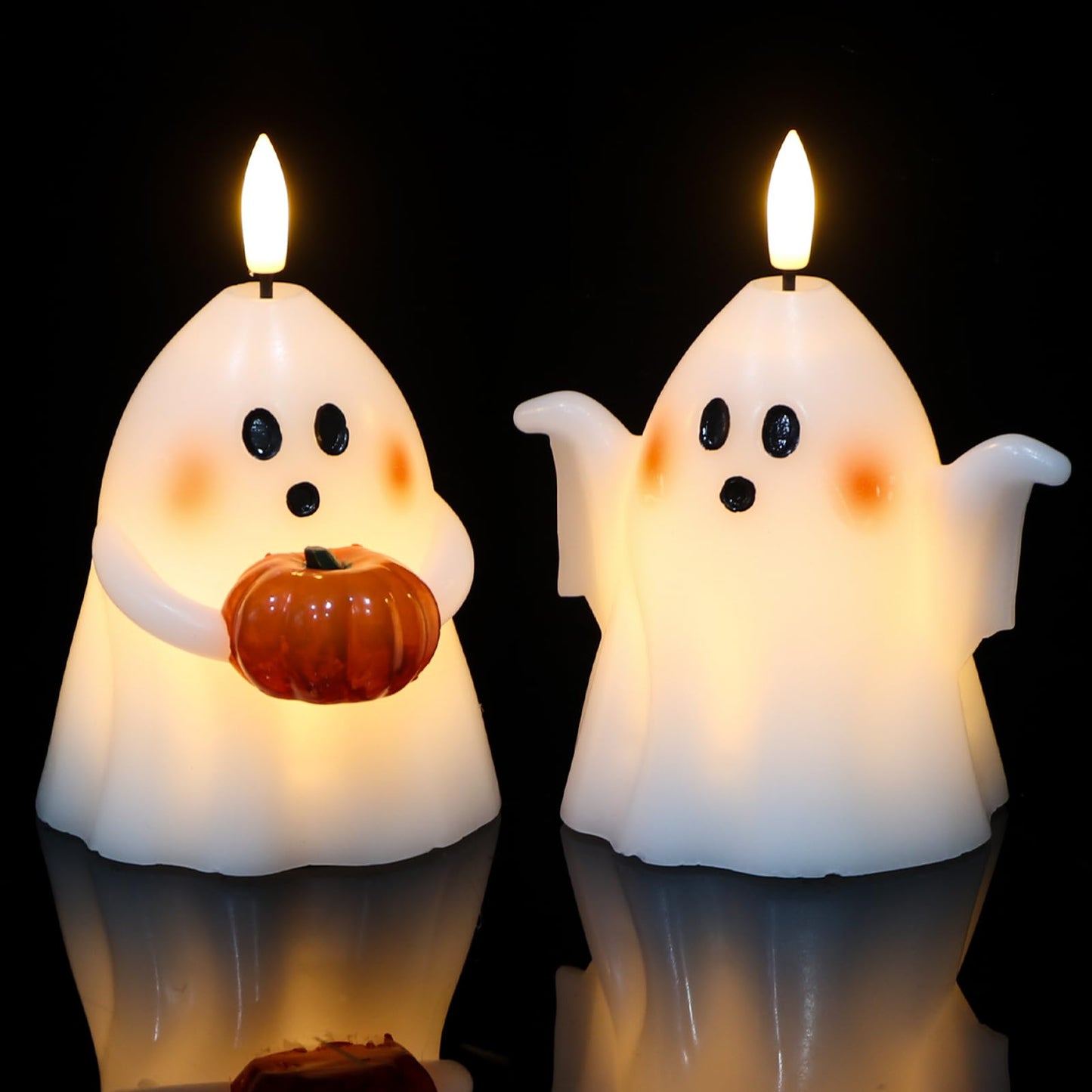 DRomance Halloween Ghost Flameless Candles with Timer Real Wax Battery Operated White LED Flickering Pillar Candles Hand Painted Looking Dinner Spooky Halloween Decor(2 Pack, 3.5" D x 5" H)