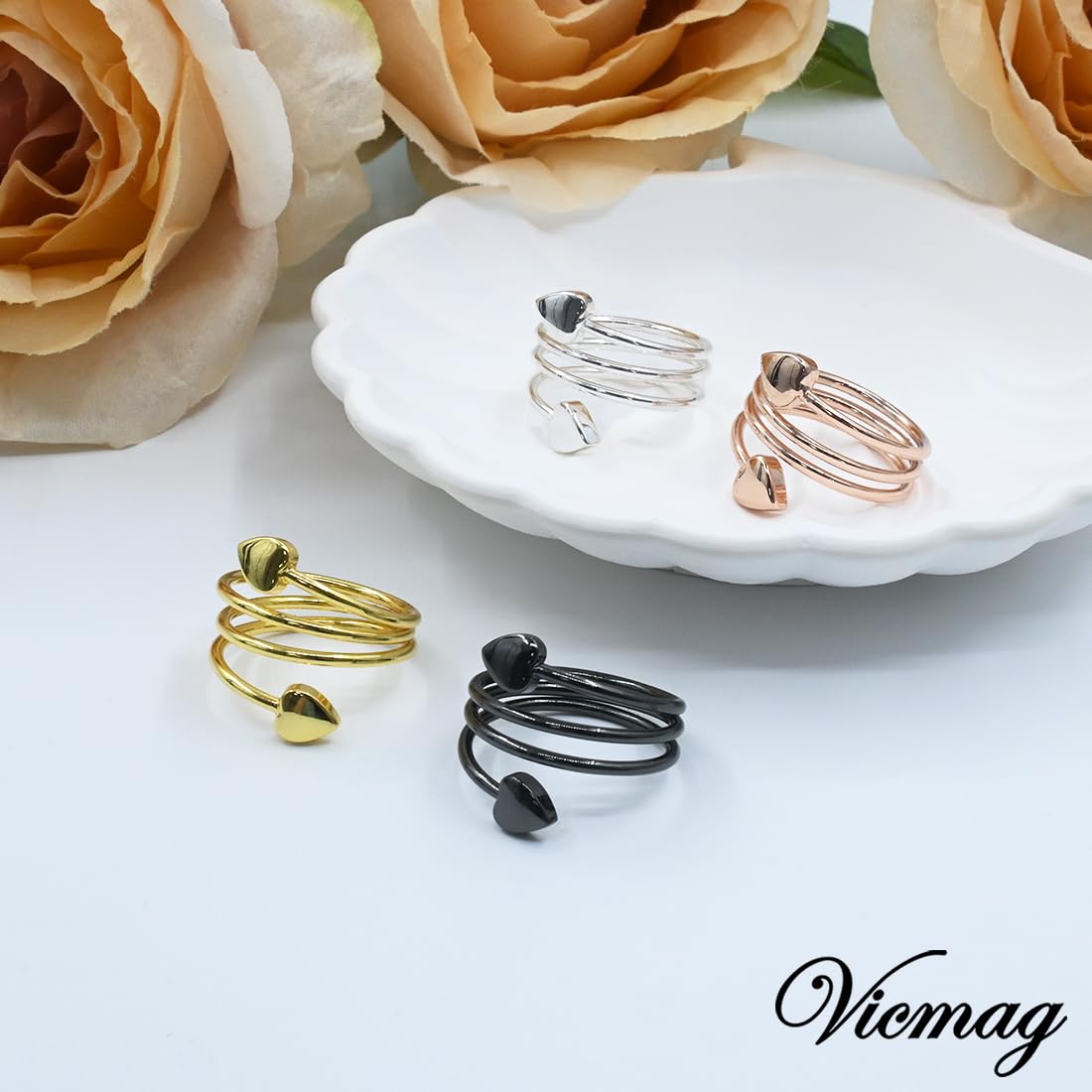 Vicmag Copper Magnetic Ring for Women, Magnetic Rings Ladies Fingers Thumb 100% Solid Pure Copper Jewelry Gift Adjustable (4PCS Love Heart)