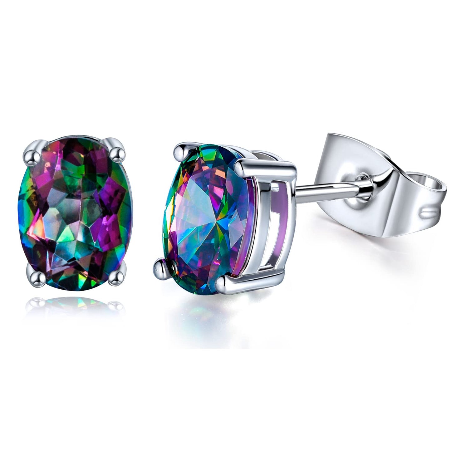 Created Rainbow Quartz Stud Earrings for Women Men 18K White Gold Plated Round Square CZ Hypoallergenic Jewelry Gift