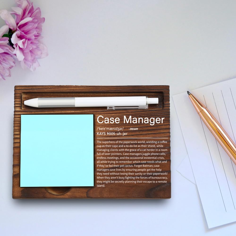 VYNWPDFLI Case Manager Appreciation Gift, Inspirational Office Decor for Social Workers, Thoughtful Desk Organizer with Engraved Definition, Wooden Sticky Note Holder,LQQ54