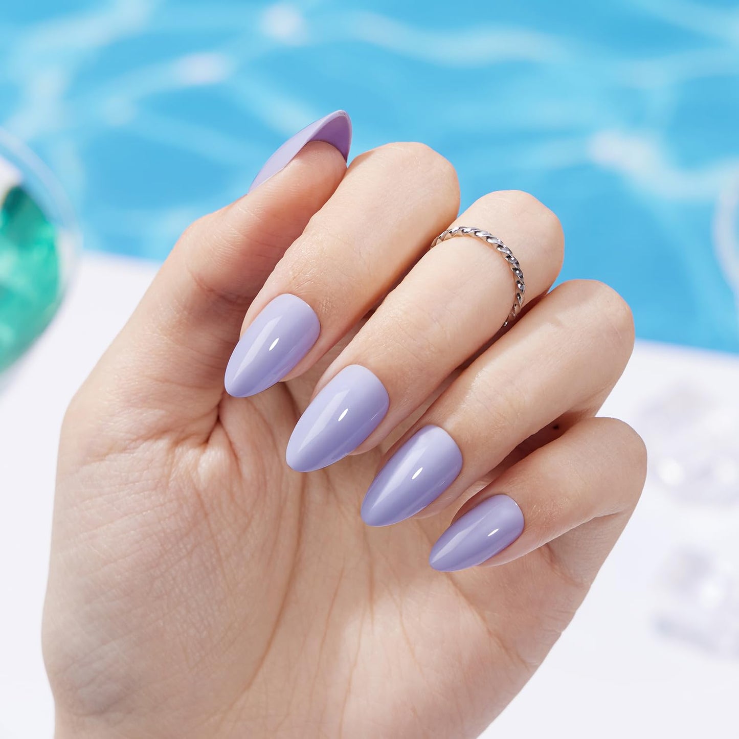 VSALON Press on Nails Short Almond - Pastel Blue Spring Summer Fake Nails Kit for Women, Opaque Reusable Salon Quality Gel Nails with Glue & Cuticle Oil - 32 PCS Stick On Nails in 16 Sizes