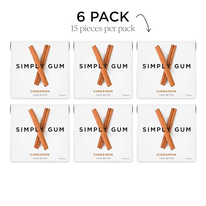 SIMPLY Gum Cinnamon, Plastic-Free Natural Chewing Gum, 6 Pack (90 Pieces) | Vegan, Kosher, Non GMO, Aspartame Free and Sorbitol Free