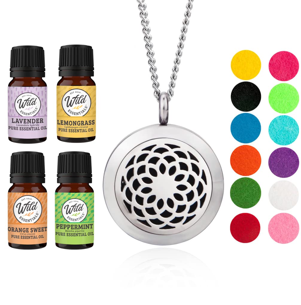 Wild Essentials Sunflower Necklace Essential Oil Diffuser Kit with Lavender, Lemongrass, Peppermint, Orange Oils, 12 Refill Pads, Calming Aromatherapy Gift Set, Customizable Color Changing, Perfume