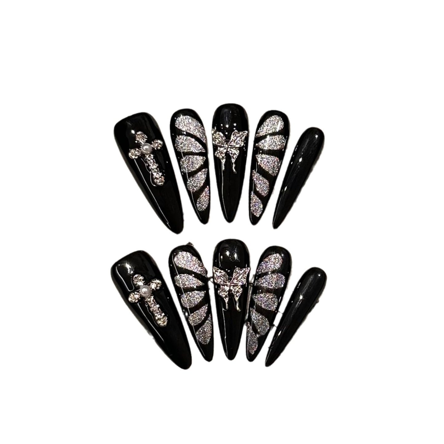 GLORS Black and Silver Press On Nails, Butterfly Design Cat Eye False Nails Set, Long Stiletto Shape, Handmade Gothic Glamorous Manicure, 10 Pieces (XS, LS)